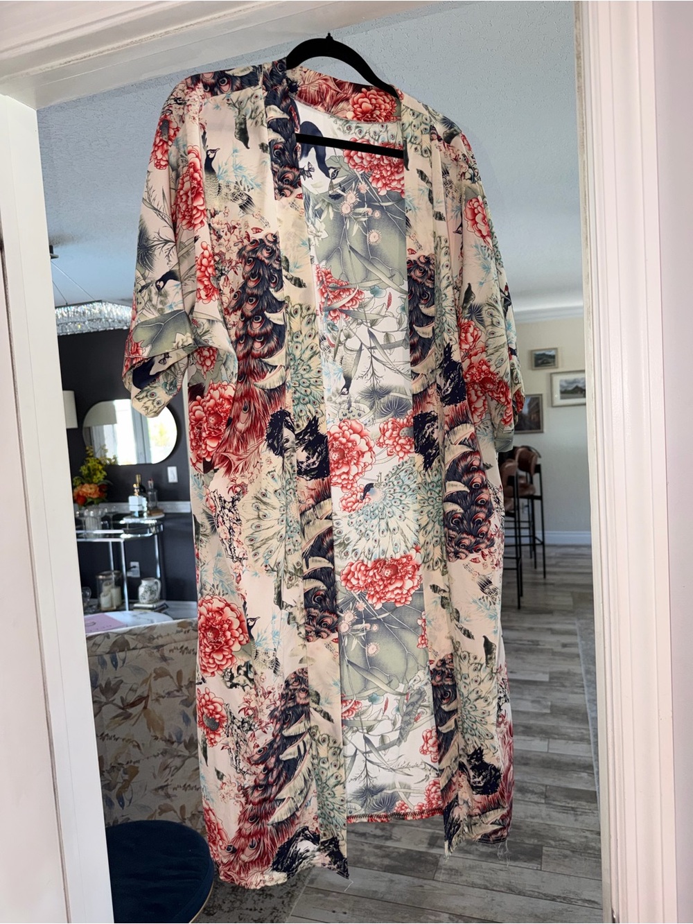 Floral & Feather Print Kimono Cardigan - Cream with pink & Navy